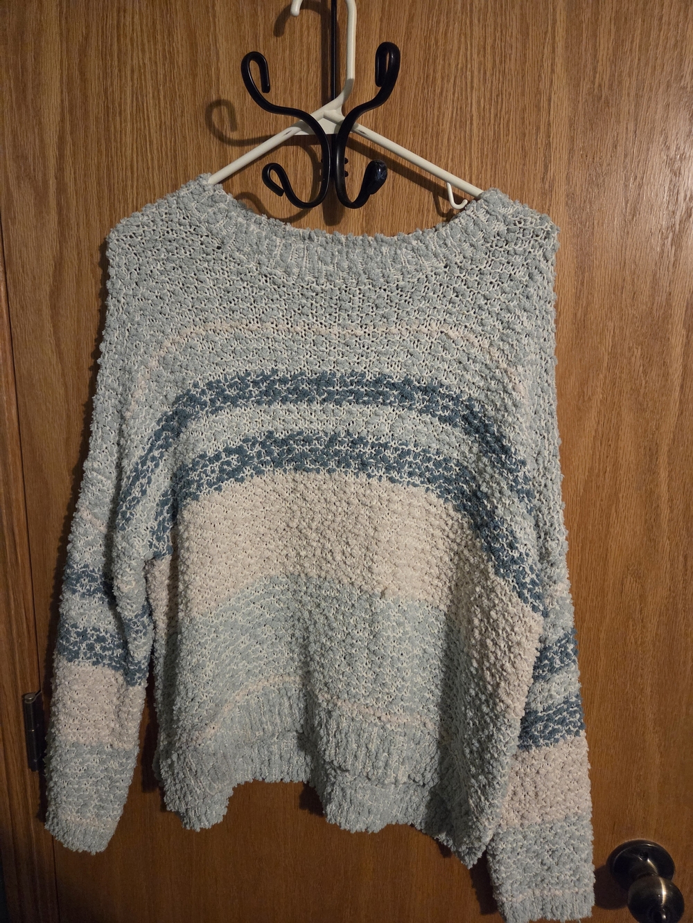Umgee Textured Stripe Crewneck Sweater - Light Blue & Cream